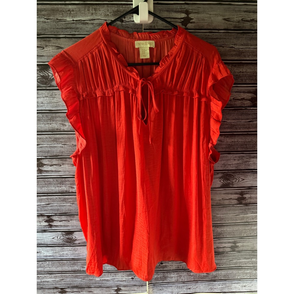 Cynthia Rowley Women's Ruffle Cap Sleeve Peasant Blouse Top Sz 3X Orange-Red Tie